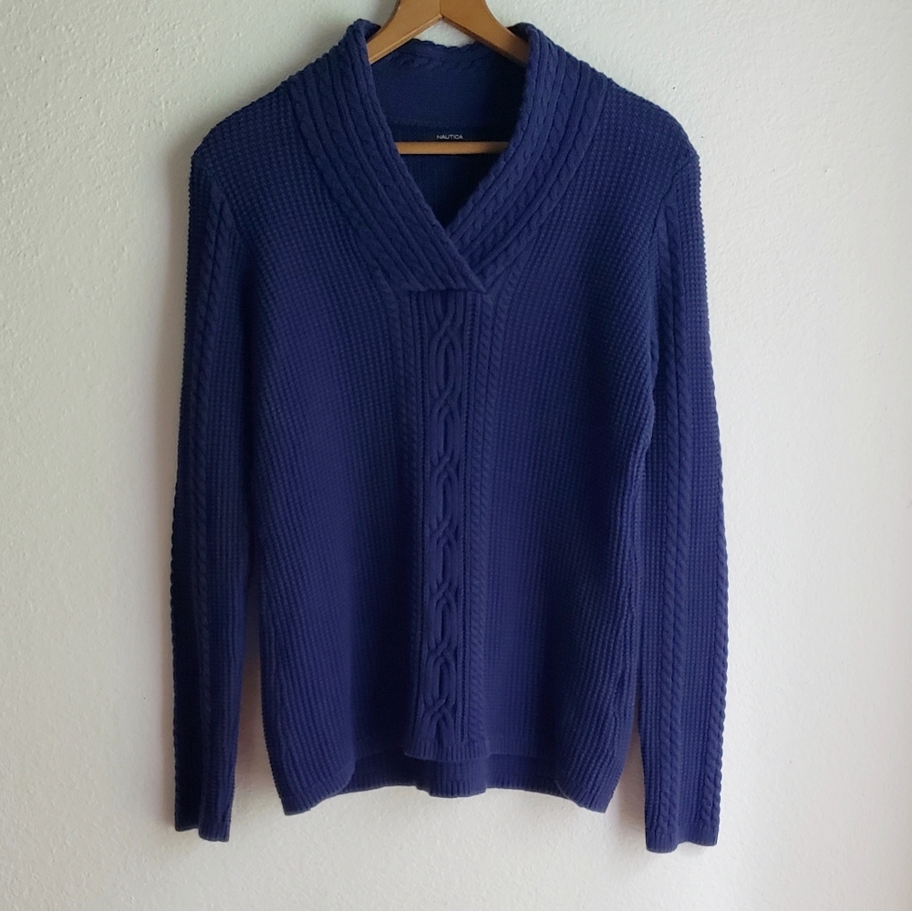 Nautica Cotton Cable Knit Fisherman Sweater V Neck Navy Cobalt Blue Large
